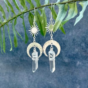 Silver Moon earrings, Dangle Crystal earrings, Moon and Sun earrings, Raw Crystal Quartz Bohemian Hippie Jewelry,Moon Star Festive Earrings