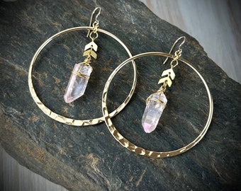 Crystal Hoop earrings, Raw crystal earrings, Angel Aura, natural Quartz, bridal jewelry, bohemian statement earrings, hammered gold hoops