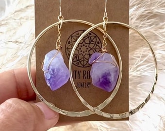 Raw Amethyst earrings, Crystal hoop earrings, raw stone earrings, large gold hoop earrings, bohemian jewelry, February birthstone earrings