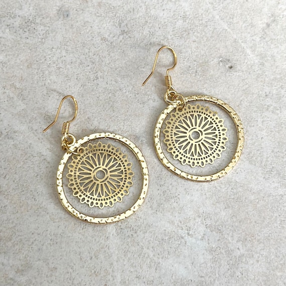 Gold hoop earrings, gold flower earrings, floral jewelry, small hoops,boho earrings, casual everyday earrings, bohemian jewelry gift for mom
