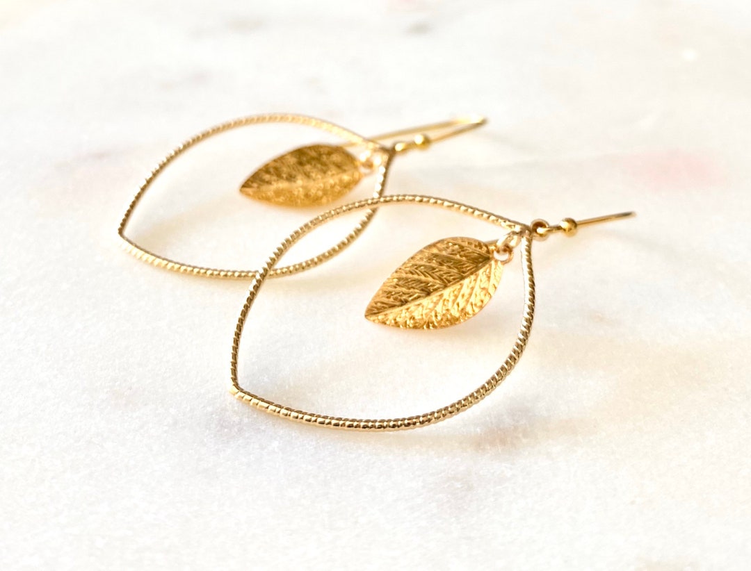 Gold Leaf Hoop Earrings, Silver Hoop Earrings, Simple Leaf Earrings