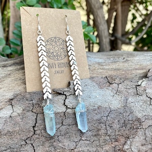 Crystal earrings, angel aura earrings, natural Quartz, arrow chain , bohemian earrings, long dangle earrings, gift for her, bridal jewelry