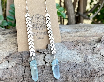 Crystal earrings, angel aura earrings, natural Quartz, arrow chain , bohemian earrings, long dangle earrings, gift for her, bridal jewelry