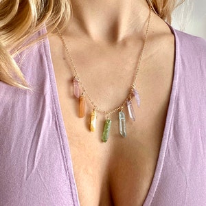 Seven chakra necklace, raw crystal necklace, raw stone necklace, rainbow crystal necklace, crystal point necklace, meditation jewelry, Pride