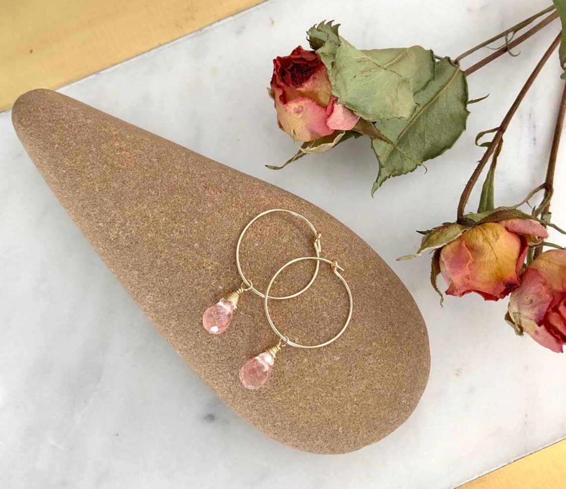 Pink Quartz Hoop Earrings in Gold