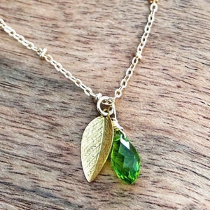 Peridot birthstone necklace, Peridot Gemstone, gold leaf necklace, August Birthstone Necklace, Leaf initial Necklace, August Birthstone gift