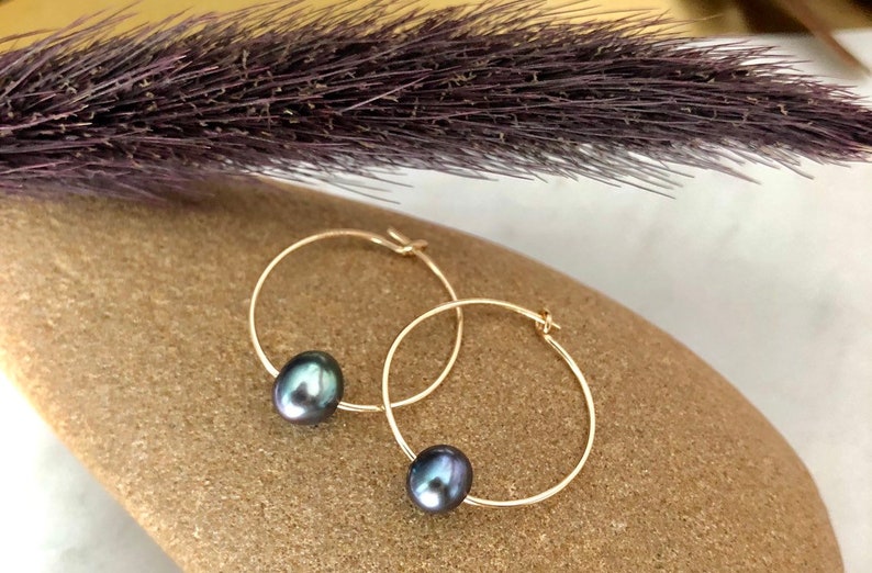 Black Pearl Hoop Earringssmall Hoop Earrings Freshwater Etsy