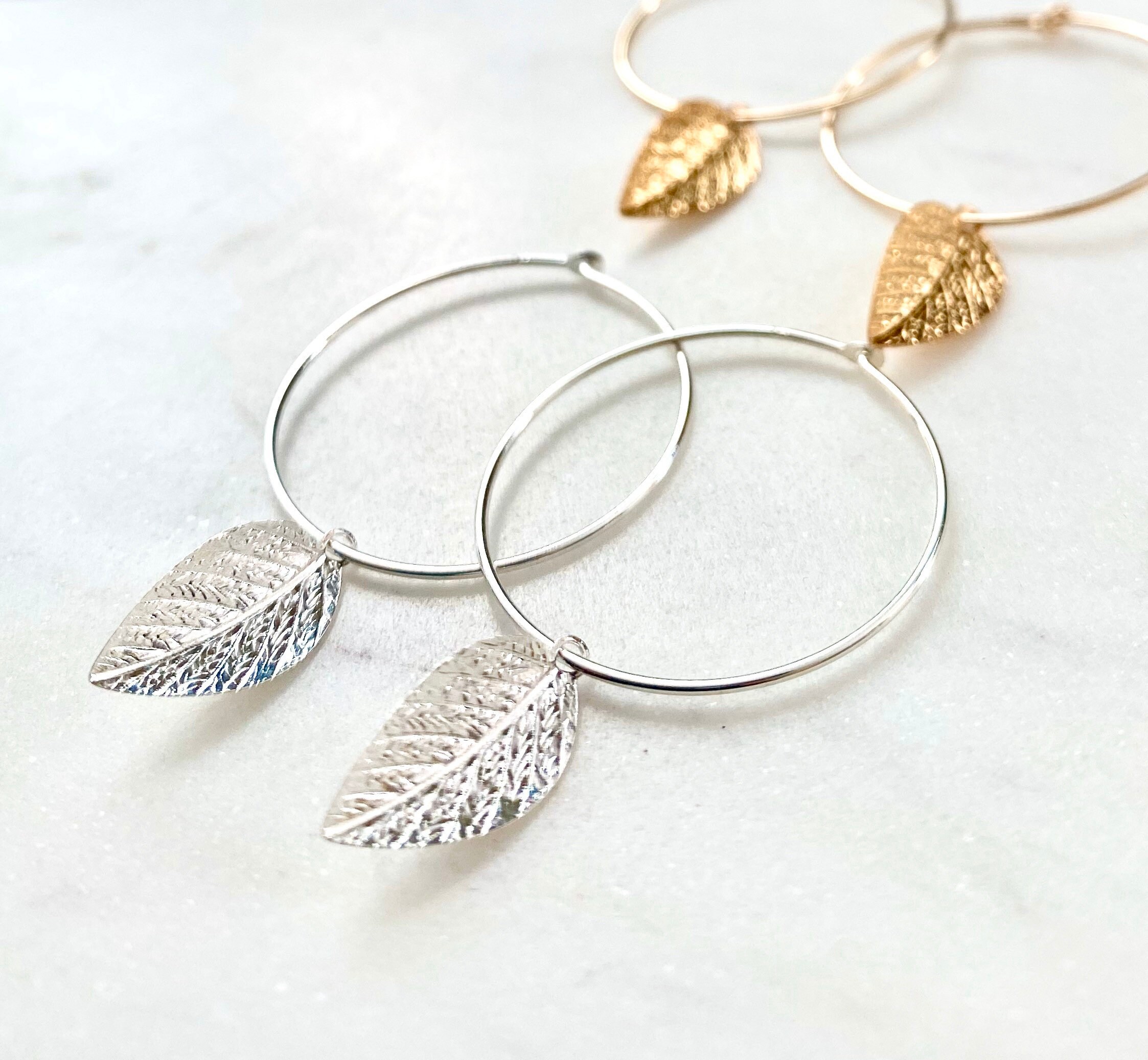 Gold Leaf Hoop Earrings Sterling Silver Leaf Hoop Earring Etsy