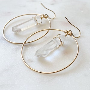 Clear Crystal hoop earrings, Large Leaf earrings, Clear Quartz earrings, 18k rose gold filled, April Birthstone jewelry, large boho earrings