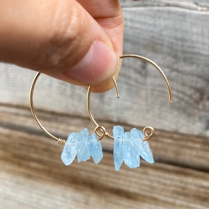 Raw Aquamarine earrings, Aquamarine Hoop earrings, raw stone earrings, March birthstone earrings, gold hoop earrings, birthstone jewelry