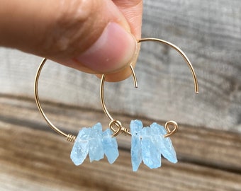 Raw Aquamarine earrings, Aquamarine Hoop earrings, raw stone earrings, March birthstone earrings, gold hoop earrings, birthstone jewelry