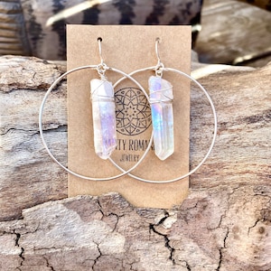 Raw Crystal Hoop earrings, Crystal point hoop earrings, Angel Aura Earrings, Clear Quartz Crystal, boho hoop earrings, Rock Crystal earrings