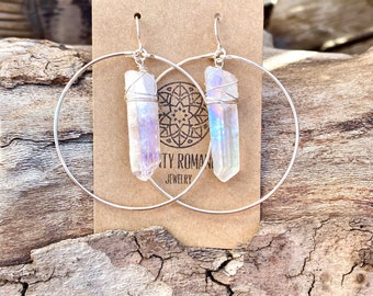 Raw Crystal Hoop earrings, Crystal point hoop earrings, Angel Aura Earrings, Clear Quartz Crystal, boho hoop earrings, Rock Crystal earrings