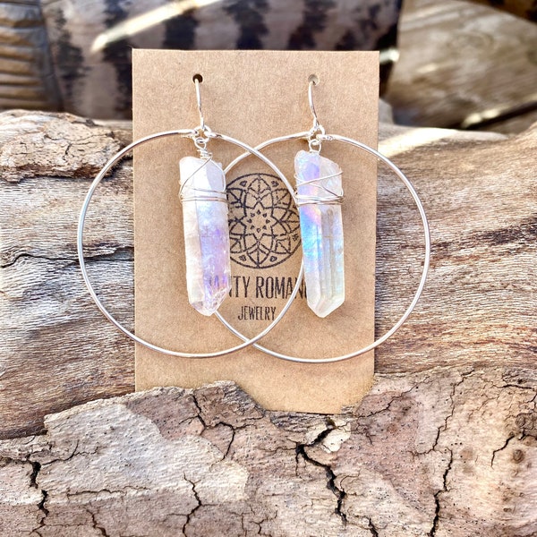 Raw Crystal Hoop earrings, Crystal point hoop earrings, Angel Aura Earrings, Clear Quartz Crystal, boho hoop earrings, Rock Crystal earrings