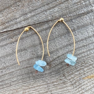 Raw Aquamarine earrings, dainty threader earrings, blue gemstone earrings, March birthstone, raw stone earrings, long threader earrings