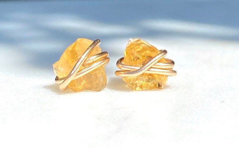 Raw citrine stud earrings, crystal earrings, November birthstone earrings, raw stone jewelry, natural citrine, 18k gold studs dainty jewelry Citrine