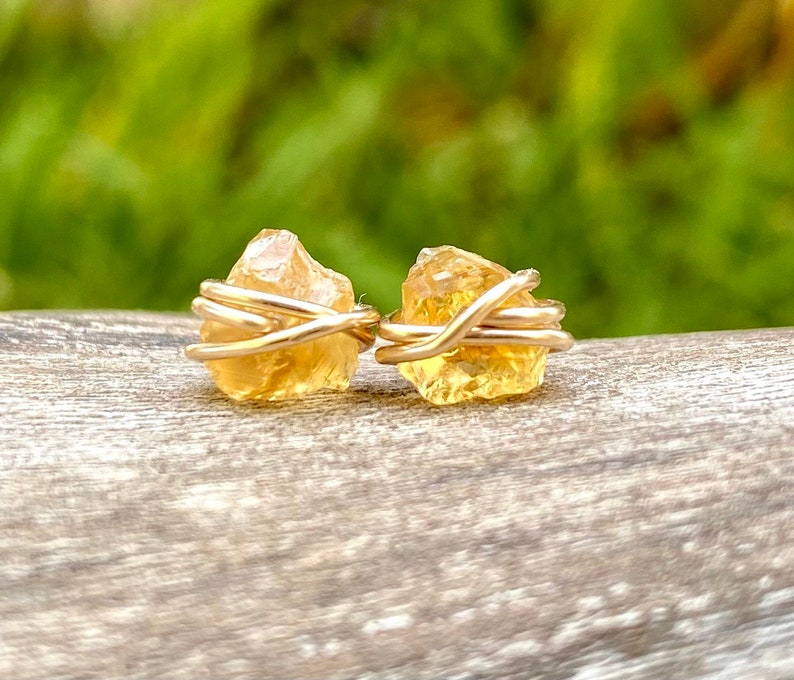 Raw citrine stud earrings, crystal earrings, November birthstone earrings, raw stone jewelry, natural citrine, 18k gold studs dainty jewelry image 7