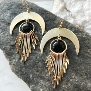 Gold Crescent Moon Fringe Earrings • Large Moon Statement Earrings • Obsidian Earrings • Fringe Dangle Earrings • Black Tourmaline Earrings