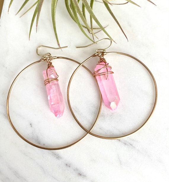 Crystal point hoop earrings, Raw crystal hoop earrings, boho hoop earrings, angel aura earrings, quartz earrings, teardrop hoops, leaf hoops