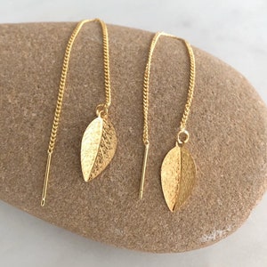 Leaf Threader Earrings, Autumn leaf earrings, long threader earring, gold leaf threaders, silver leaf threader earrings, minimalist earrings