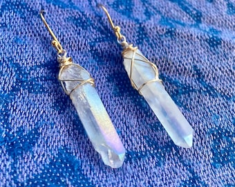 Crystal point earrings, Angel Aura earrings, Small crystal point, Raw clear quartz, rainbow crystal earrings, Red crystal, Purple crystal