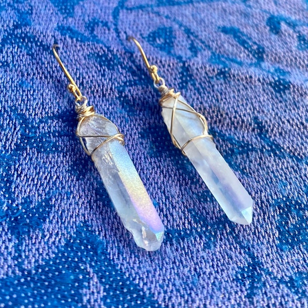 Crystal point earrings, Angel Aura earrings, Small crystal point, Raw clear quartz, rainbow crystal earrings, Red crystal, Purple crystal