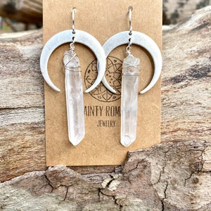 Sterling Silver moon crystal earrings crescent moon natural Quartz boho earrings hippie healing crystal jewelry raw crystal bridal earrings