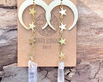 Moon crystal earrings, crescent moon earrings, Moon and Star earrings, raw stone jewelry, angel aura earrings, celestial witchy earrings