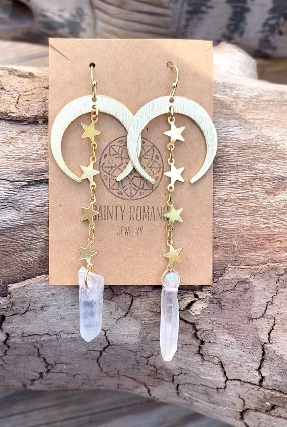 Moon Crystal Earrings Crescent Moon Earrings Moon and Star Earrings Raw Stone Jewelry Angel Aura Earrings Celestial Witchy Earrings Etsy Australia