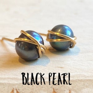 Real Pearl stud earrings, Black Pearl Studs, Pink Pearl Earrings, Gold Wire Wrapped studs, Dainty Classic freshwater Pearl Stud Earrings