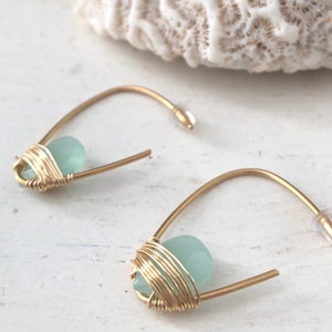 Agua Chalcedony Threader Earrings, Green Crystal threader Earrings, dainty gold threaders, triangle Geometric earrings, unique earrings