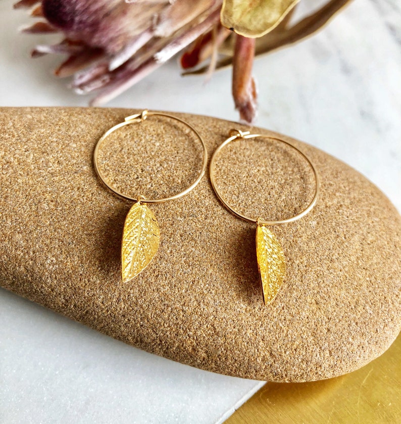 Gold Leaf Hoop Earrings Sterling Silver Leaf Hoop Earring Etsy