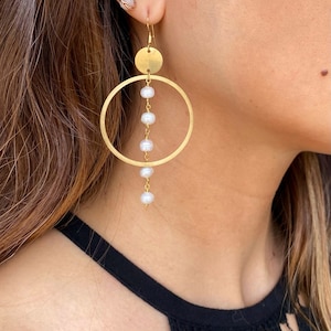 Pearl hoop earrings, gold pearl earrings, bridal earrings, wedding jewelry, freshwater pearls, bohemian jewelry, gold hoops,Art Deco Jewelry