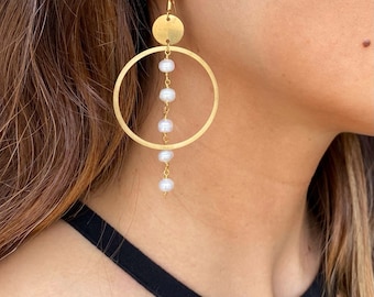 Pearl hoop earrings, gold pearl earrings, bridal earrings, wedding jewelry, freshwater pearls, bohemian jewelry, gold hoops,Art Deco Jewelry