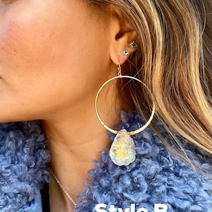 Angel Aura earrings, Raw Crystal earrings, rainbow Quartz, boho hoop earrings, raw stone jewelry, statement earrings, bohemian earrings