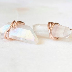 Crystal stud earrings, crystal point earrings, wire wrap earrings, angel aura, raw stone earrings, quartz crystal earrings, minimalist studs