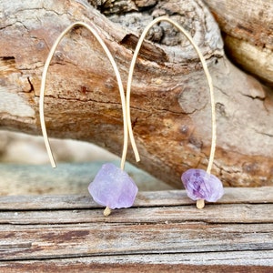 Amethyst Threader Earrings, purple crystal earrings, Raw Amethyst Earrings, Raw Stone earrings, purple stone Earrings, February  Birthstone