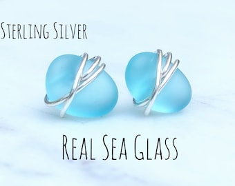 Sea glass stud earrings, sterling silver studs, crystal earrings, beach jewelry, bridal earrings, blue sea glass necklace,Christmas earrings