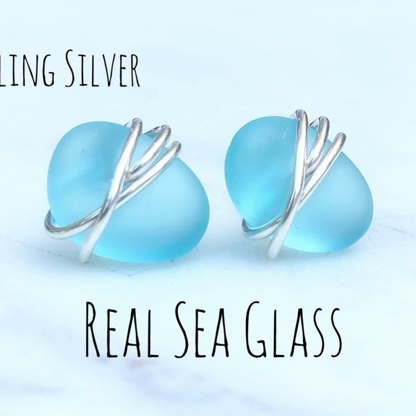 Sea glass stud earrings, sterling silver studs, crystal earrings, beach jewelry, bridal earrings, blue sea glass necklace,Christmas earrings