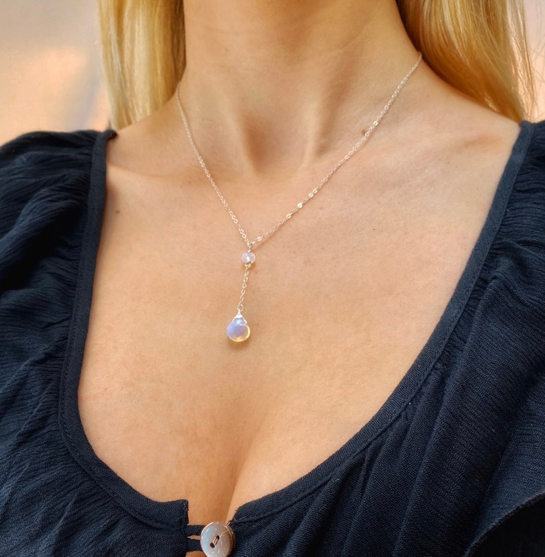 Opalite Crystal Y Gemstone necklace bridal necklace Lariat Crystal necklace April Birthstone moonstone necklace sterling silver
