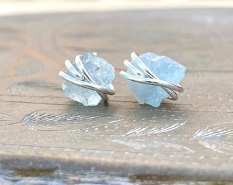 Raw Aquamarine earrings, blue crystal earrings, aquamarine stud earrings, raw peridot earrings, raw citrine, black tourmaline, rose quartz