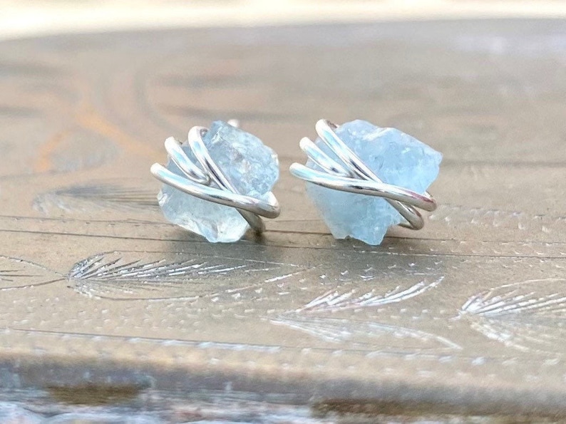 Raw Aquamarine earrings, blue crystal earrings, aquamarine stud earrings, raw peridot earrings, raw citrine, black tourmaline, rose quartz Aquamarine