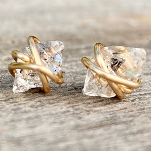 Clear Crystal earrings, Herkimer Diamond earrings, April Birthstone jewelry, Diamond stud earrings, raw crystal, raw diamond, dainty studs image 2