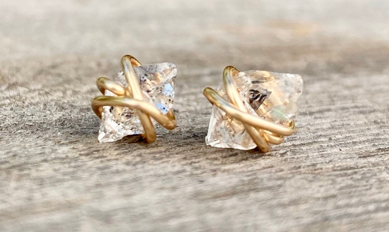 Clear Crystal earrings, Herkimer Diamond earrings, April Birthstone jewelry, Diamond stud earrings, raw crystal, raw diamond, dainty studs image 2