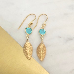 Gold Leaf Earrings, Birthstone Earrings, March Birthstone Jewelry, Aquamarine Crystal Earrings, March Birthday gift for her, blue gemstone
