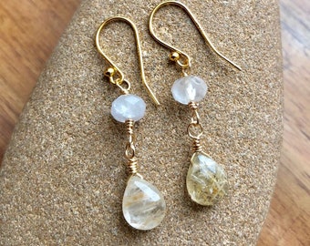 Kristallohrringe, Kristallohrringe, Goldquarzohrringe, Rutilquarzohrringe, Boho Kristallohrringe, Geschenk für Mama