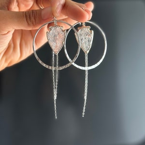 Crystal hoop earrings, arrowhead crystal, clear Quartz crystal earrings, large gold hoop earrings, boho bridal jewelry, silver Chain Dangle