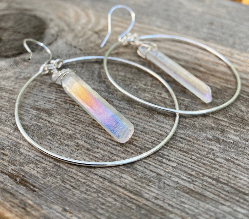 leaf hoops Raw crystal hoop earrings Crystal point hoop earrings boho hoop earrings teardrop hoops quartz earrings angel aura earrings