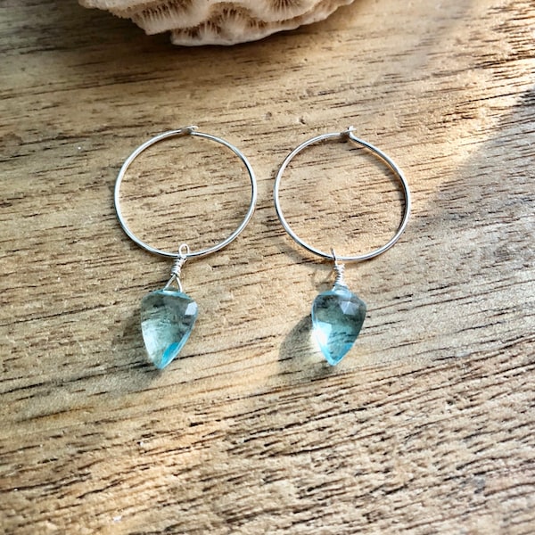 Aquamarine hoop Earrings, March birthstone earrings, Blue crystal hoop earrings, blue gemstone earrings, sterling silver, small hoop earring