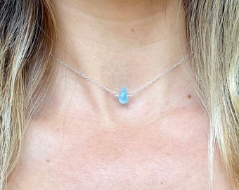 Raw Aquamarine Necklace, Raw Stone necklace, March Birthstone necklace, Pisces necklace, sterling silver, dainty crystal necklace, blue gems